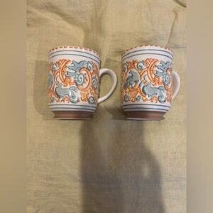 By Anthropologie Handprinted White Orange Blue Boho Bohemian Reese Mugs